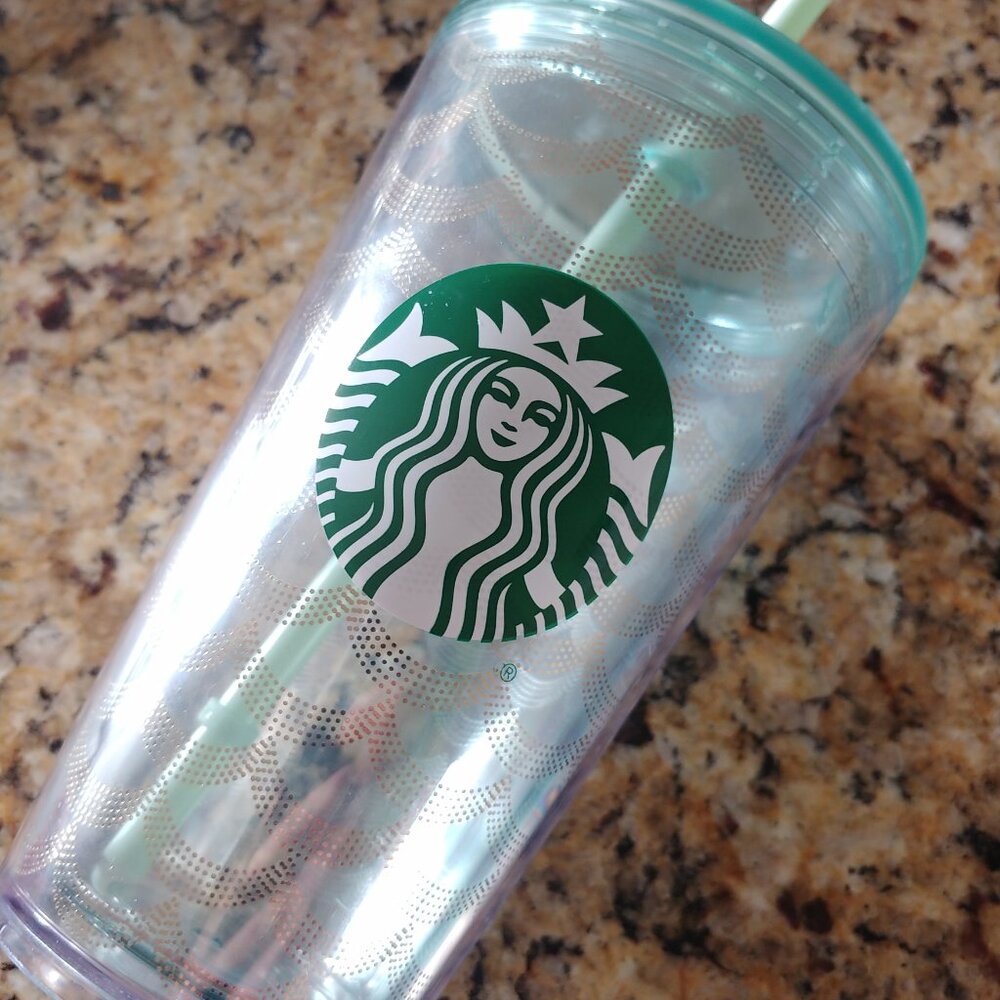 Starbucks blue/aqua/greenish plastic cup with straw